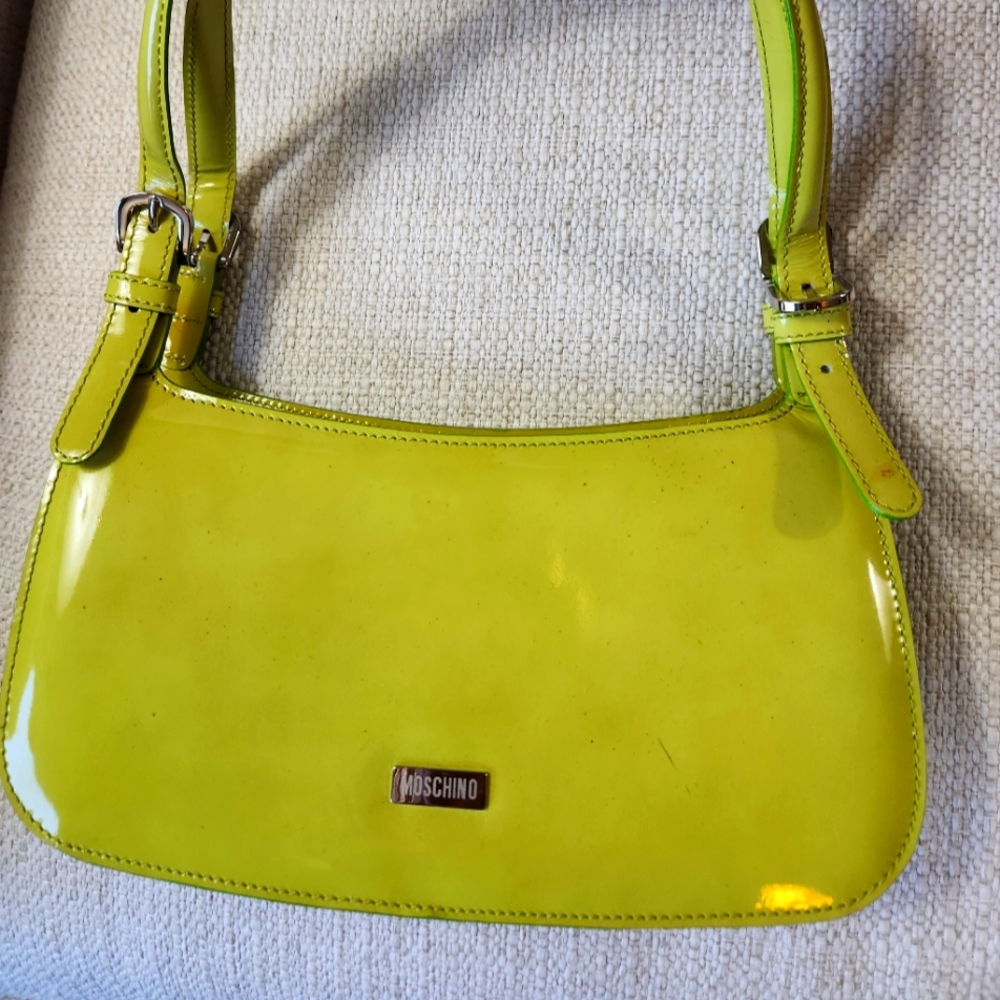 MOSCHINO Small lime green bag,patent leather.